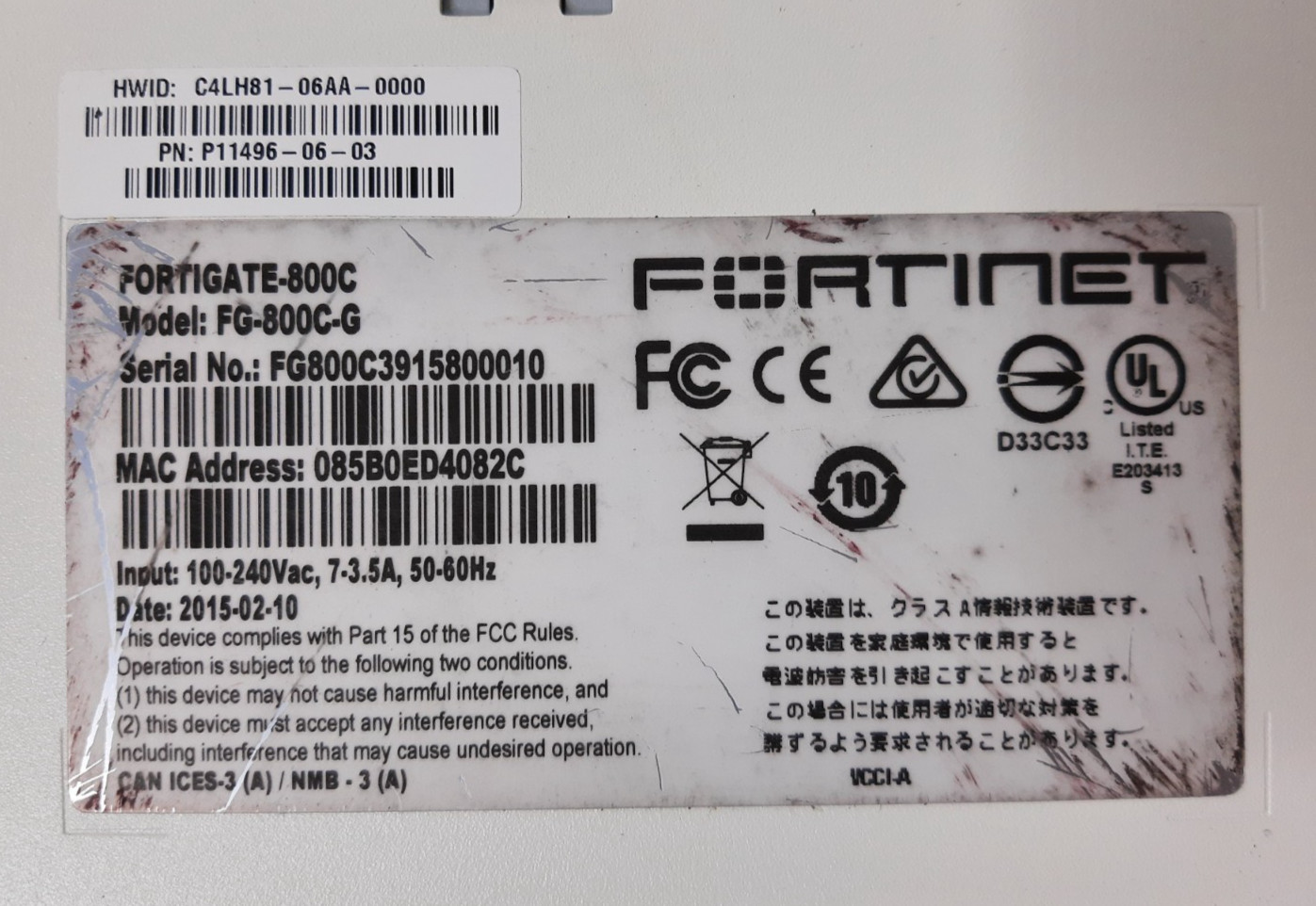 Fortinet Fortigate 800C Firewall Security Appliance P11496-06-03