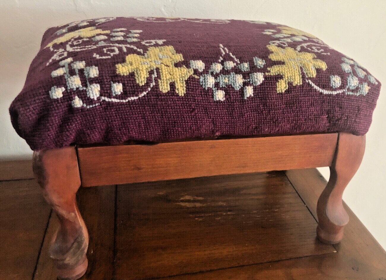 Antique Foot Stool Needlepoint Grapes & Leaf on Plum Background Wool 10" Tall