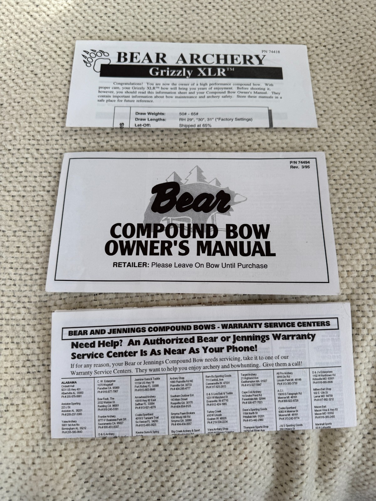 1995 Bear Grizzly XLR Compound Bow Owner's Manual