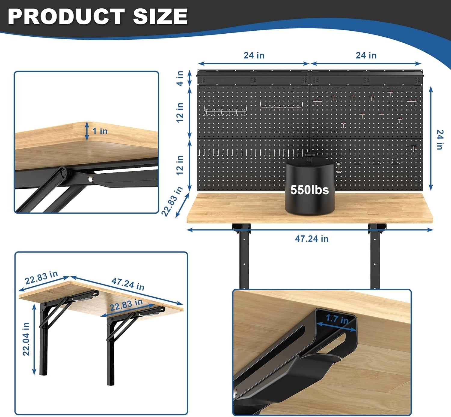 Wall Mounted Workbench with Pegboard, Folding Down Work Table Metal Pegboard ...