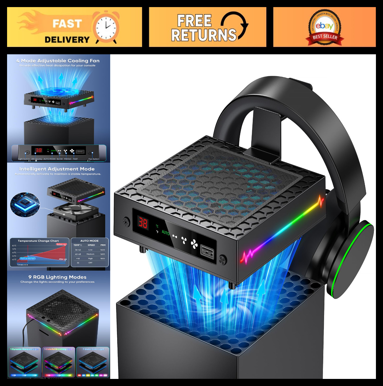 RGB LED Cooling Fan for Xbox Series X - Adjustable Temp, USB Port, Headset Hook