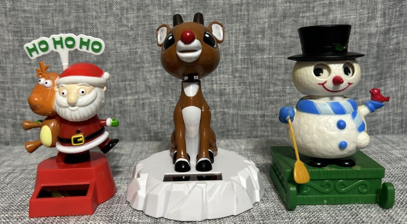 3 Pc Christmas Solar Nodder Bobble Head Lot Santa Snow Man Rudolph Cute Fun Work