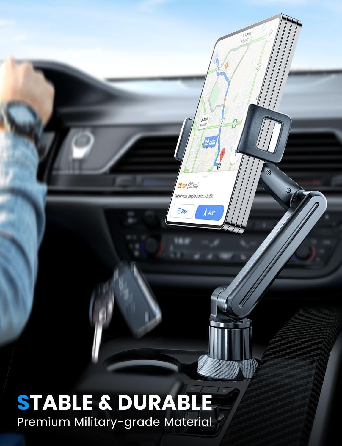 Cup Holder Mount for iPad: 15" Adjustable Height & Secure Grip