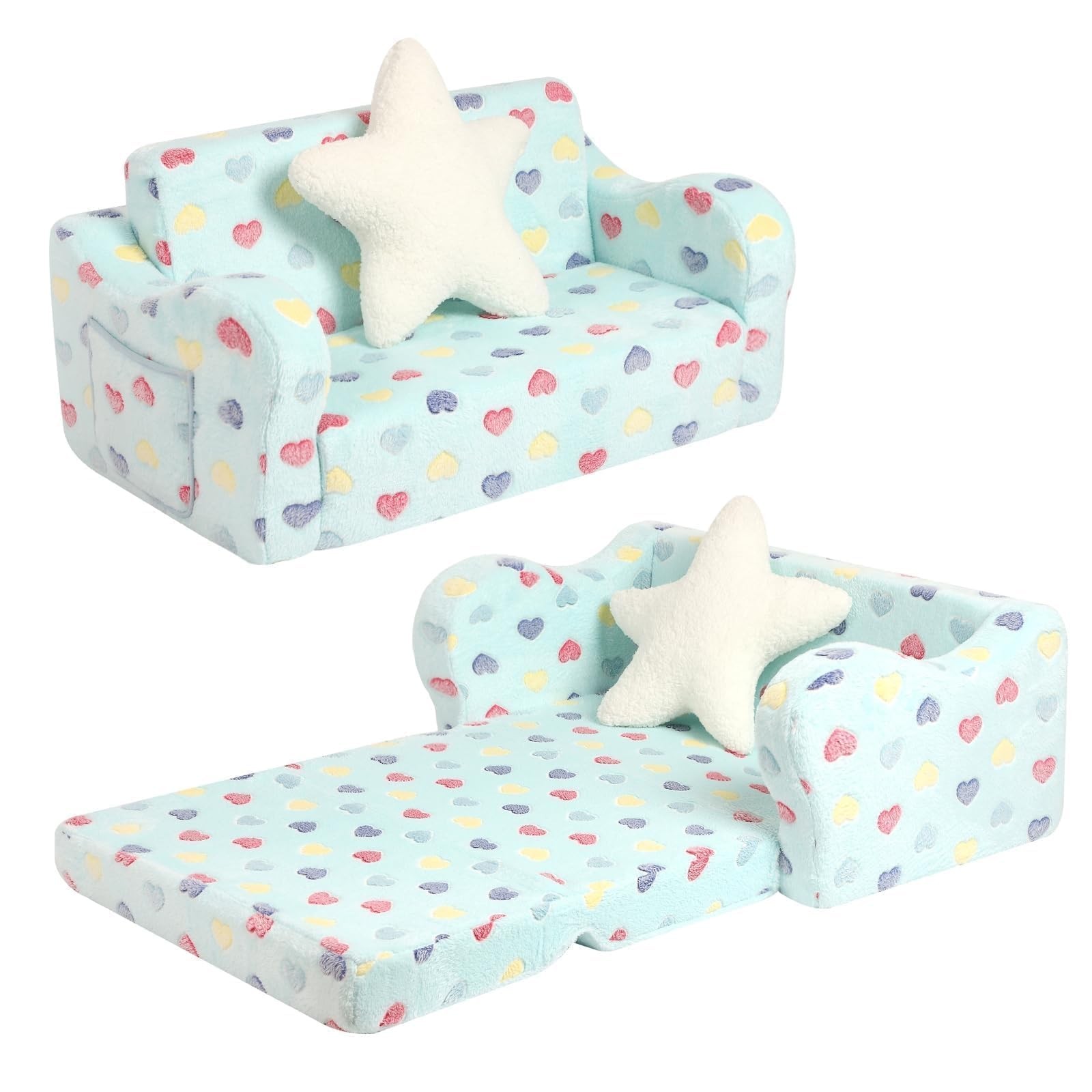 Couch, 2-in-1 Soft Couch Fold Out with Star Pillow, Foldable Sofa to Lounger,...