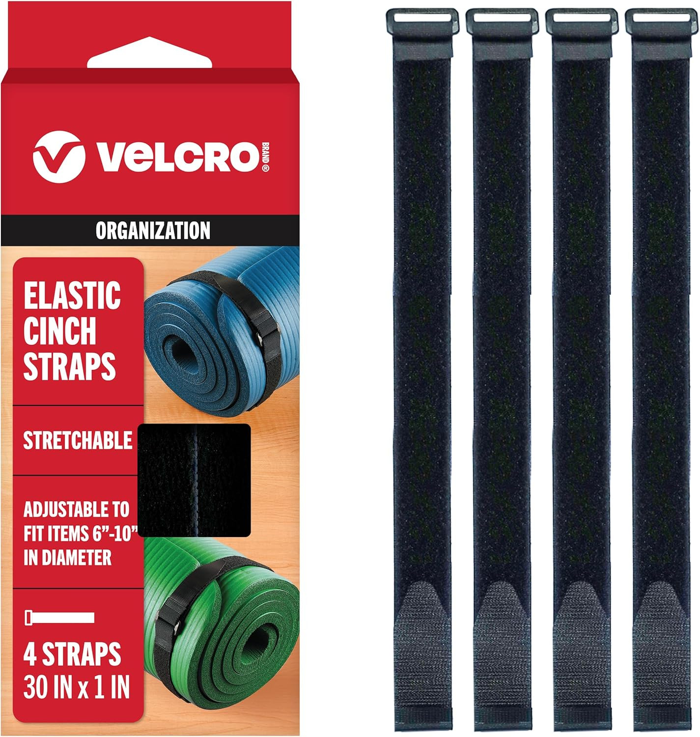 VELCRO Brand 30 Inch Elastic Straps 4 Pack | Stretchable and Adjustable for Snug