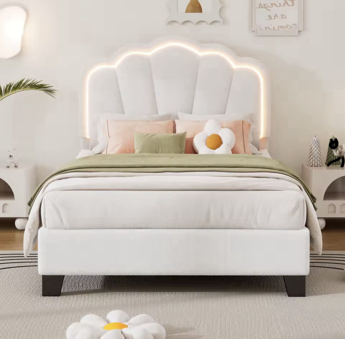 Twin Size Upholstered Flower-Shape Bed, Elegant Flowers Headboard with LED Light