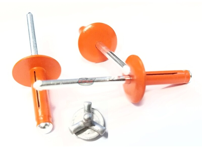Orange 3/16" Large Head Tri-Fold Exploding Aluminum Mandrel Pop Rivets 25 pack