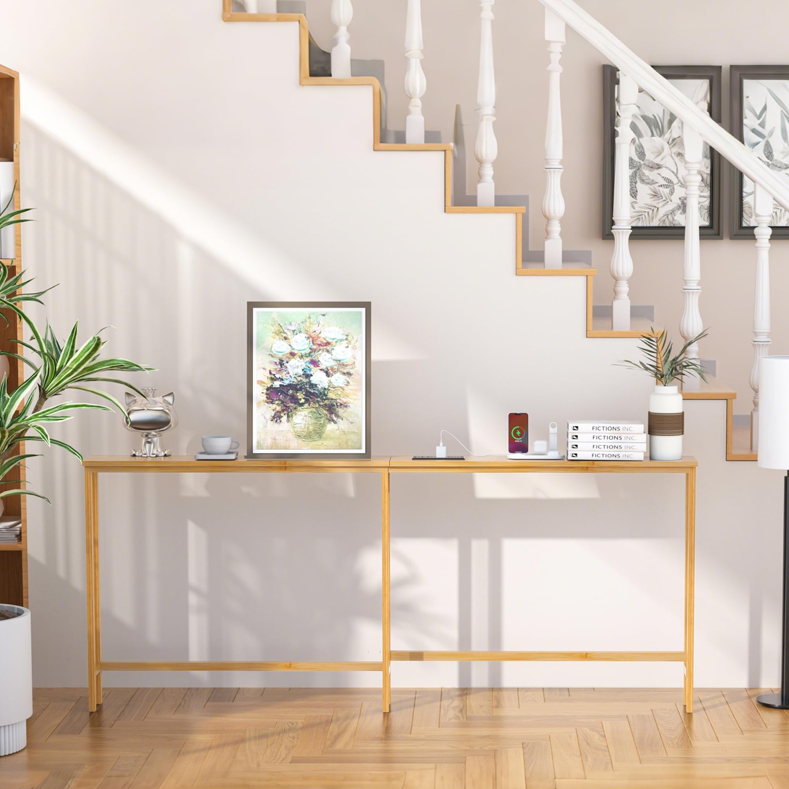 70.9 Inch Narrow Console Table with Outlet,Bamboo Behind Couch Sofa Table,Ski...