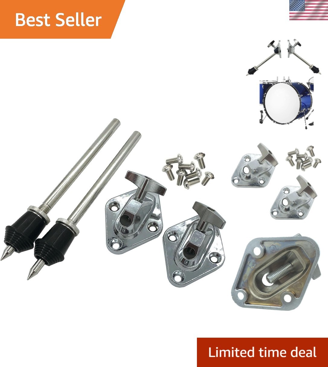 1 Pair Vintage Bass Drum Spurs Legs with Mount Bases Bracket, 7.2inch Straigh...