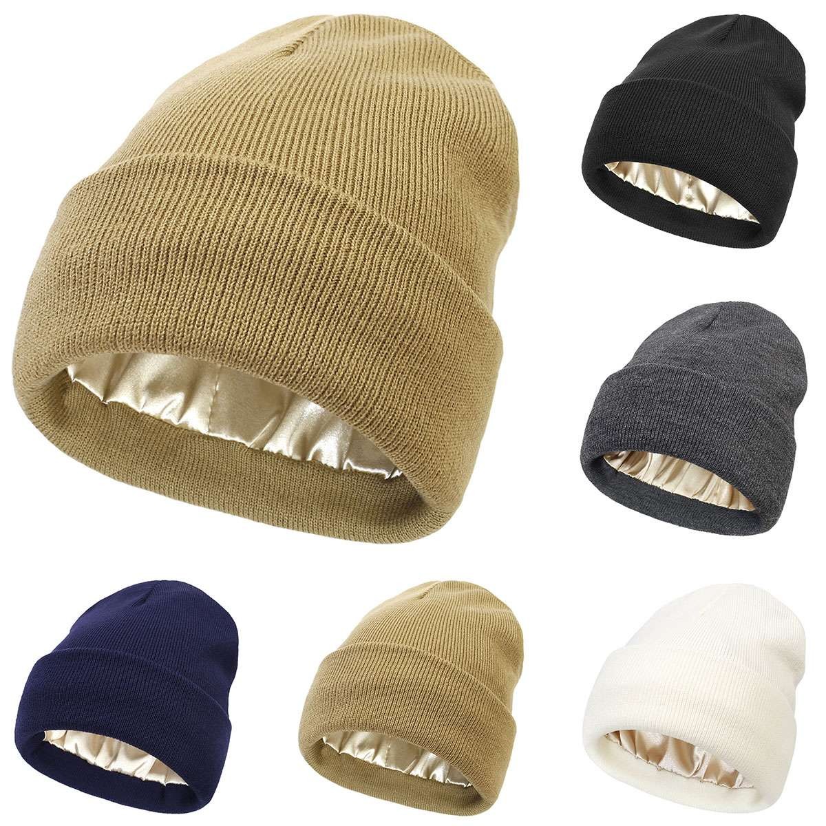 Unisex Satin Lined Beanie Cap for Women Winter Silk Lining Warm Sleep Cap