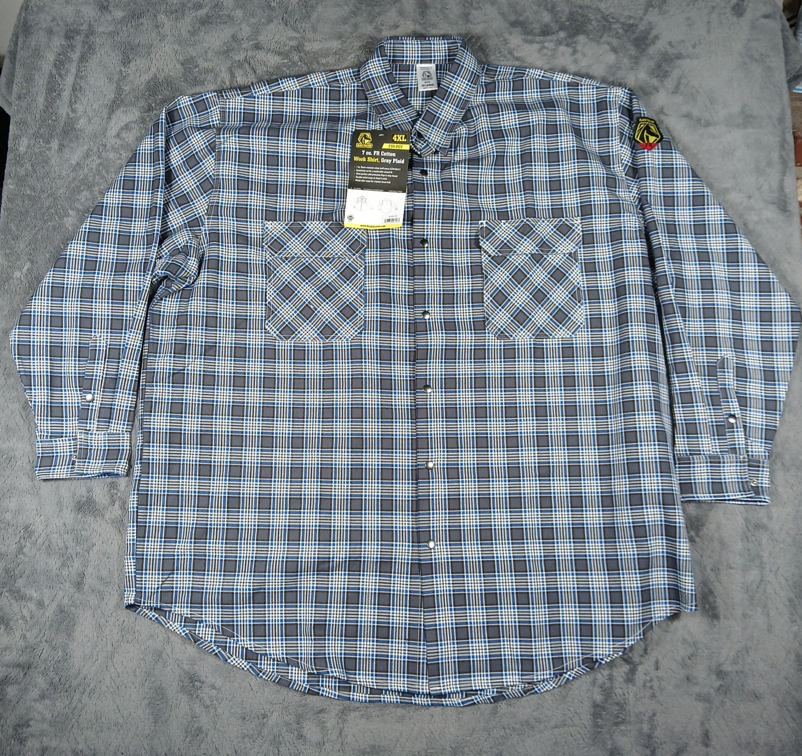 Mens 4XL Black Stallion FR Work Shirt Flame-Resistant Cotton Gray Plaid