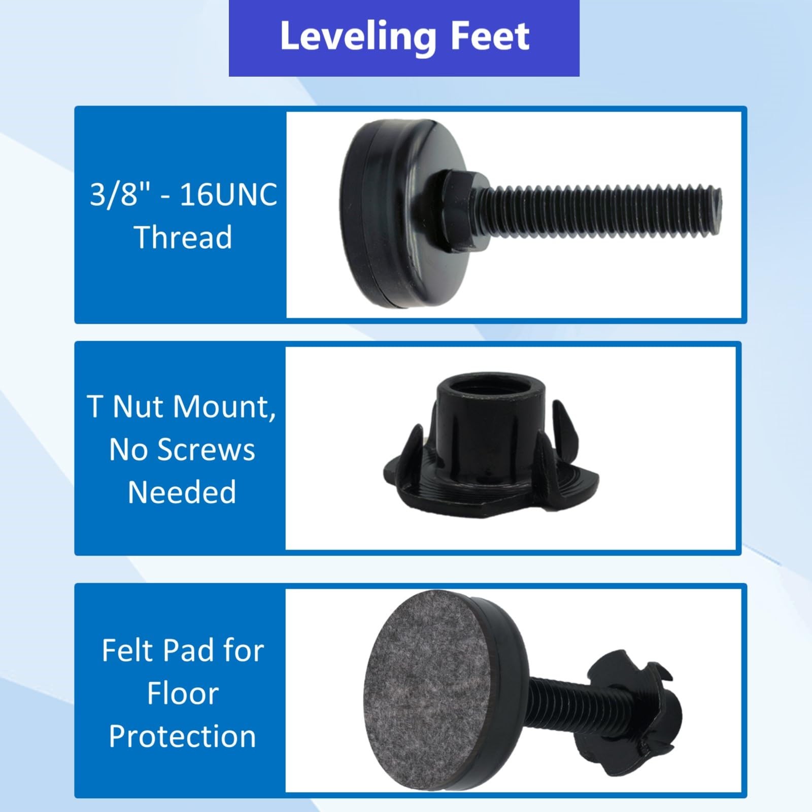 Adjustable Leveling Feet, 4 Pack, 3/8'-16 UNC Threaded Heavy Duty Leg Leveler