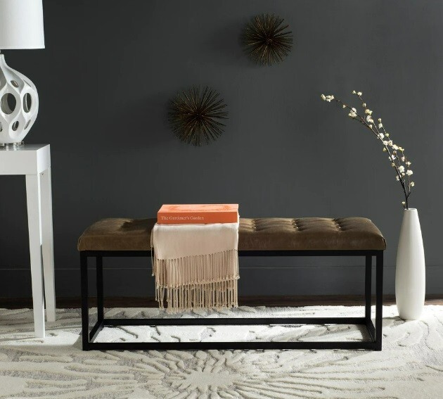 48x18 Tan Black Entry Way Bench Rectangular Seat Stool Faux Leather Tufted Hall