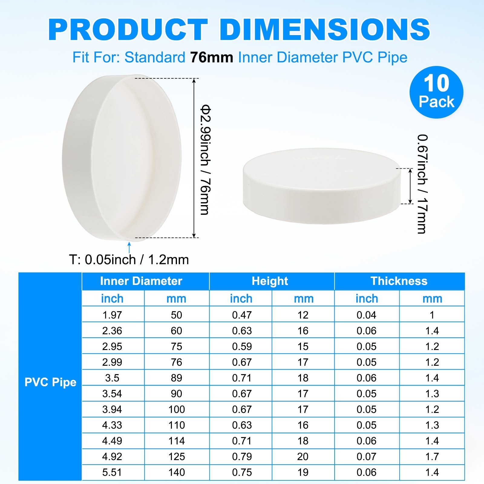 10-Pack PVC Pipe End Cap Plug, 3 Inch PVC Plug Coupling Pipe Fitting Socket