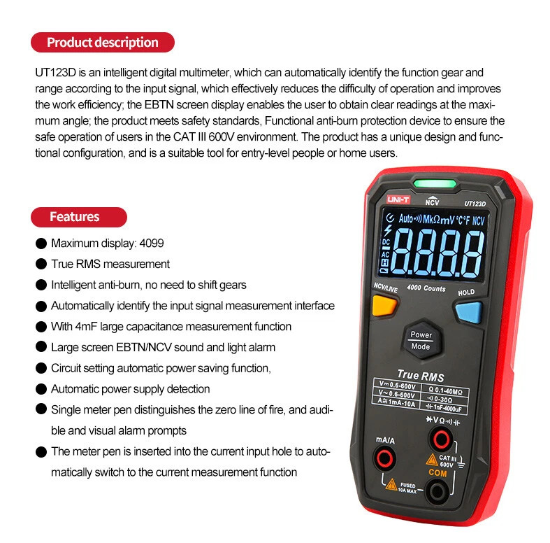 UNI-T UT123D Mini Digital Multimeter Auto Range Data hold AC DC Meter