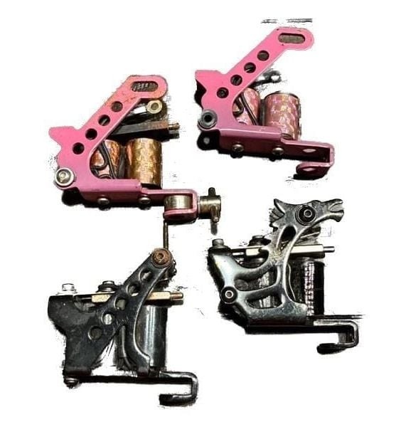 Lot of 4 Assorted Coil Tattoo Machines Including Pink and Black Frames, Untested