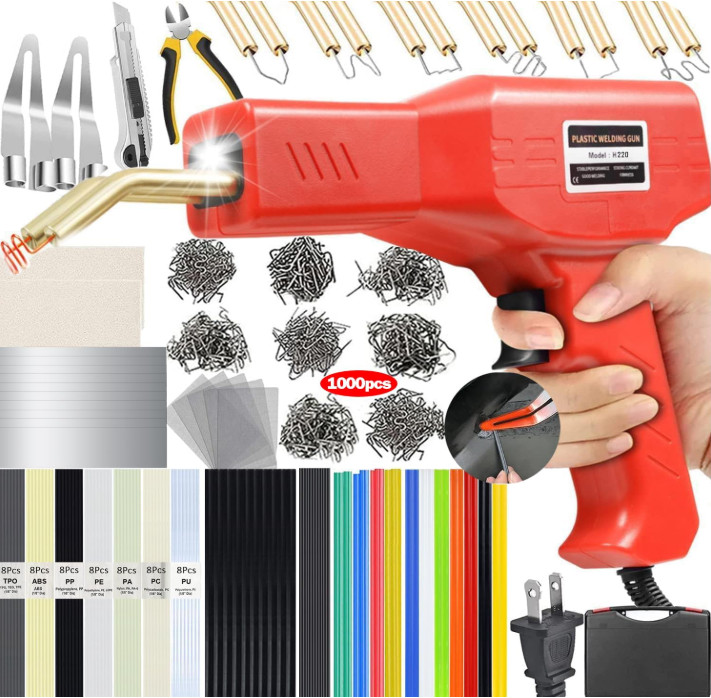Kit Soldador de Plástico 220W 2 en 1 con 1000 Grapas y 100 Varillas Reparación