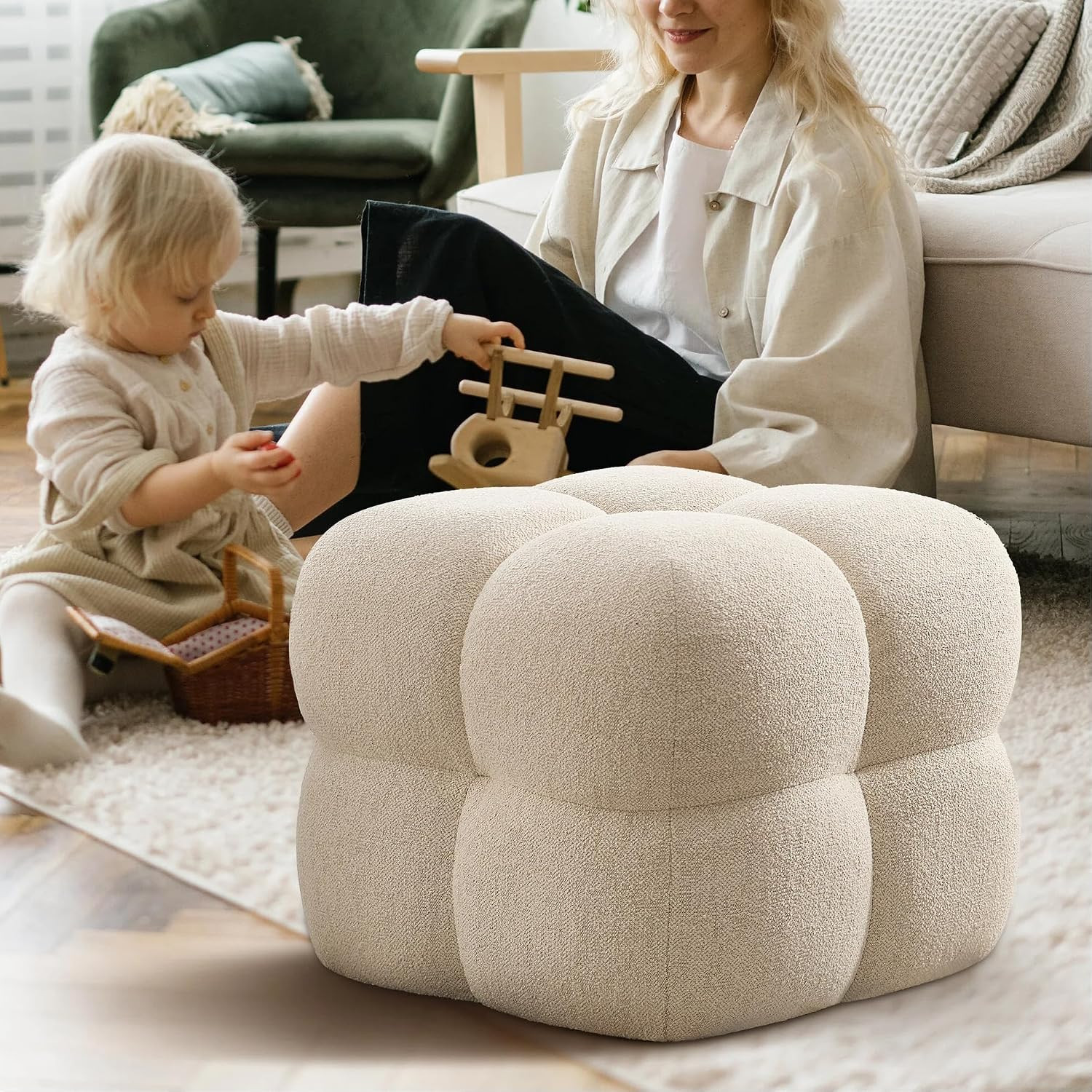 Square Pouf Ottoman Footstool, Modern Vanity Chair for Bedroom | Linen Fabric Fo
