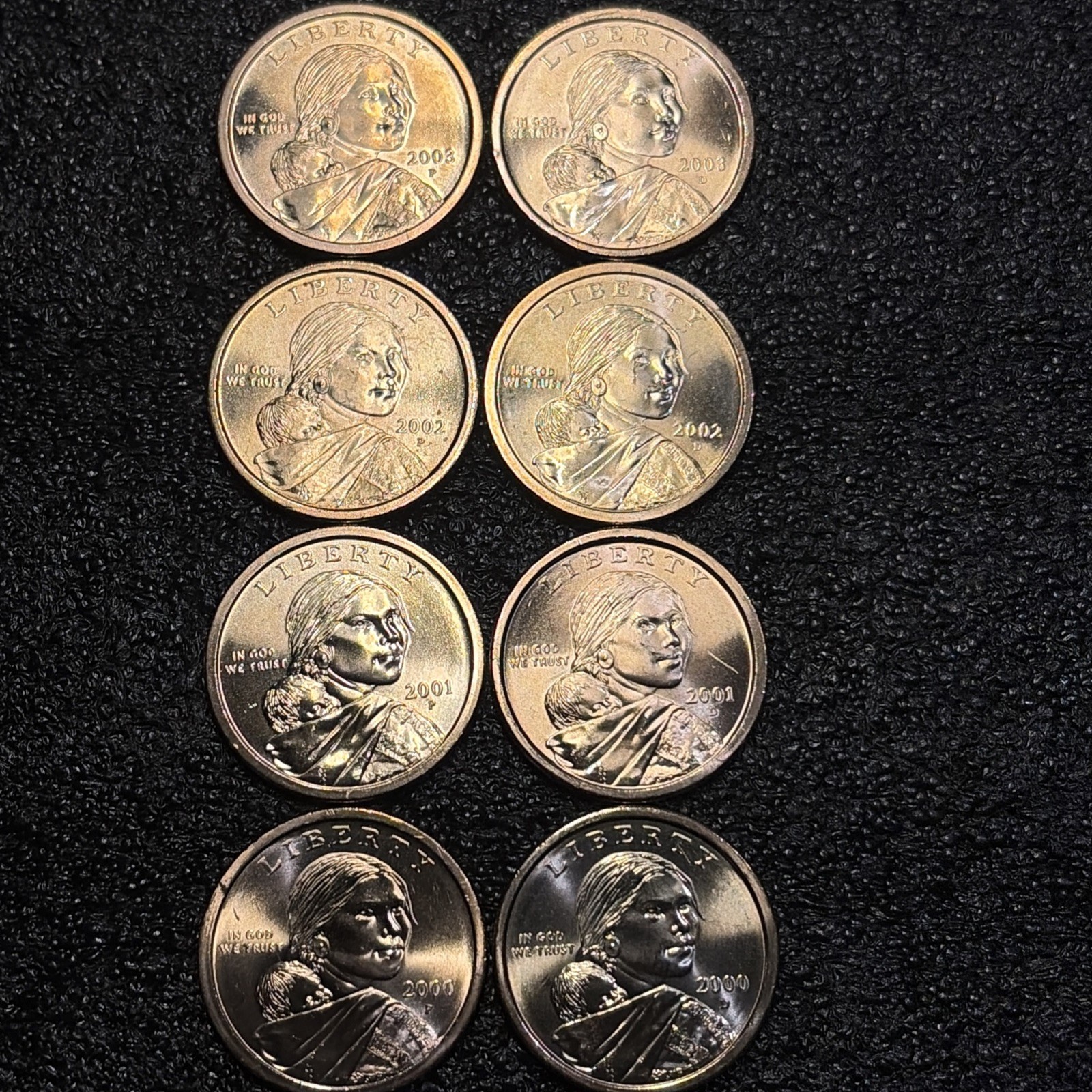 2000-2003 P&D  Native American Sacagawea Dollars.  Beautiful Set Of 8 BU Coins !