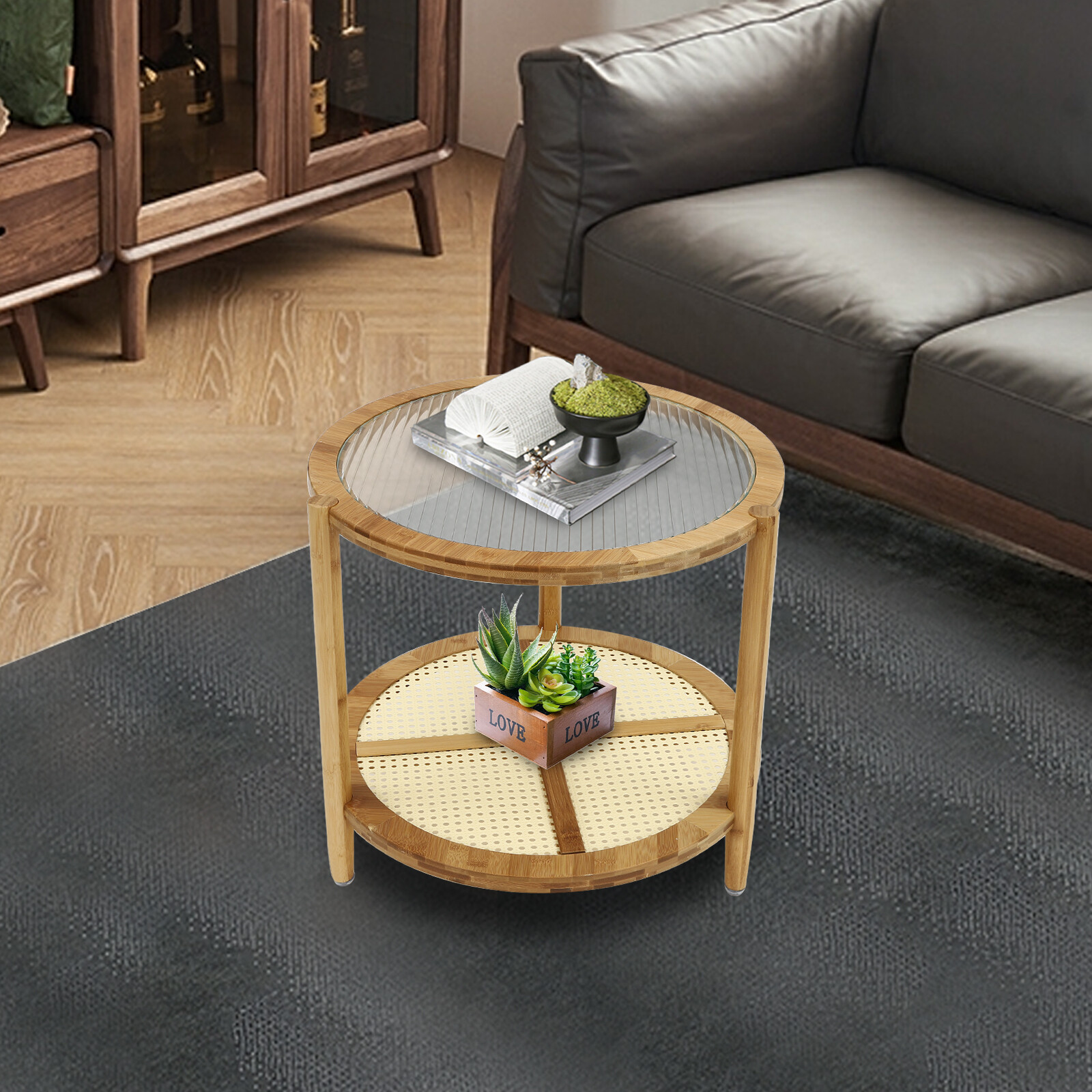 Round Coffee Table,Wood Living Room Table 2 Tiers Indoor End Table?Free Standing