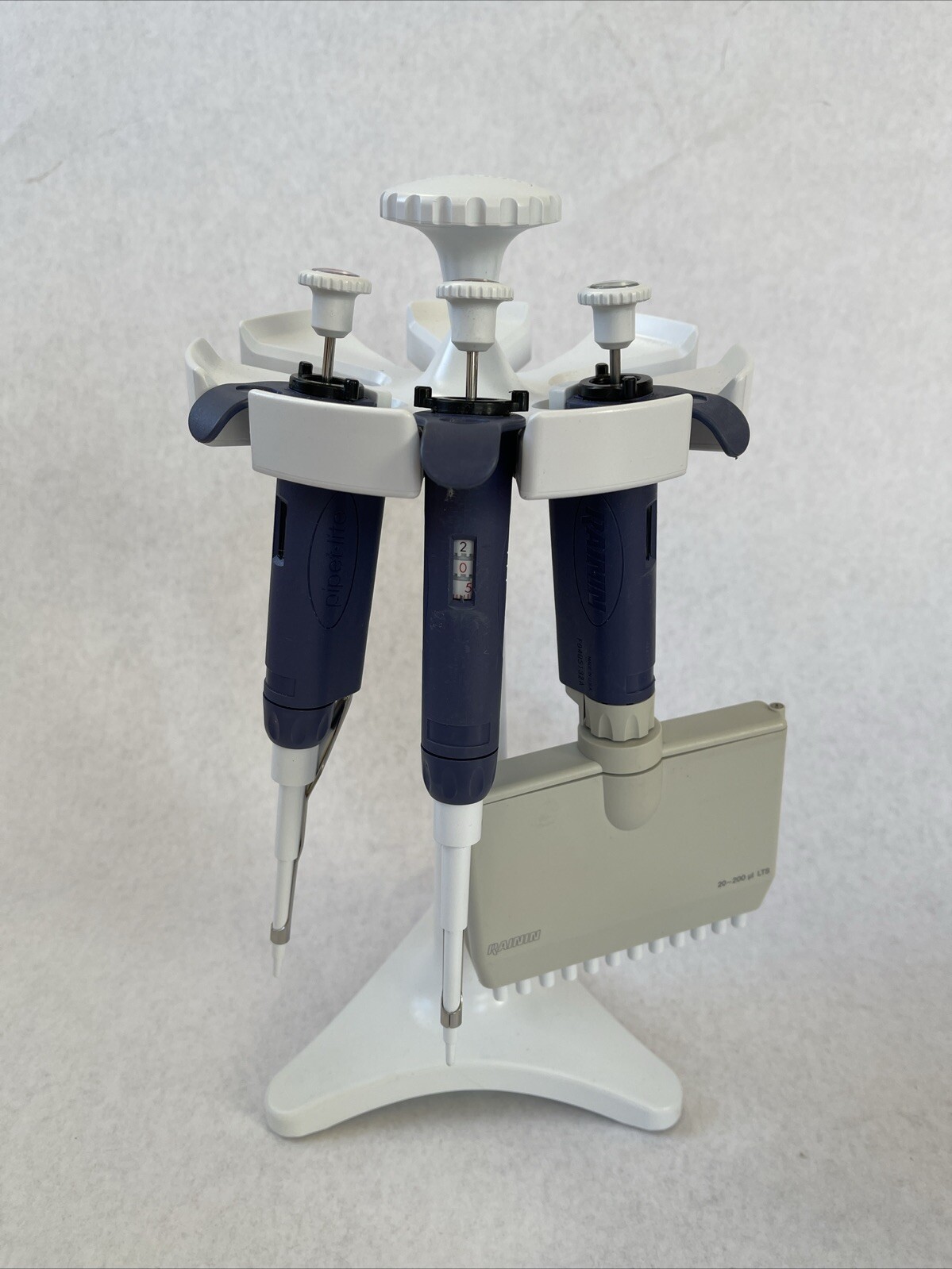 Three Rainin Pipet-Lite  LTS  Pipette Set L2 L10   L200(12-CH) & Stand