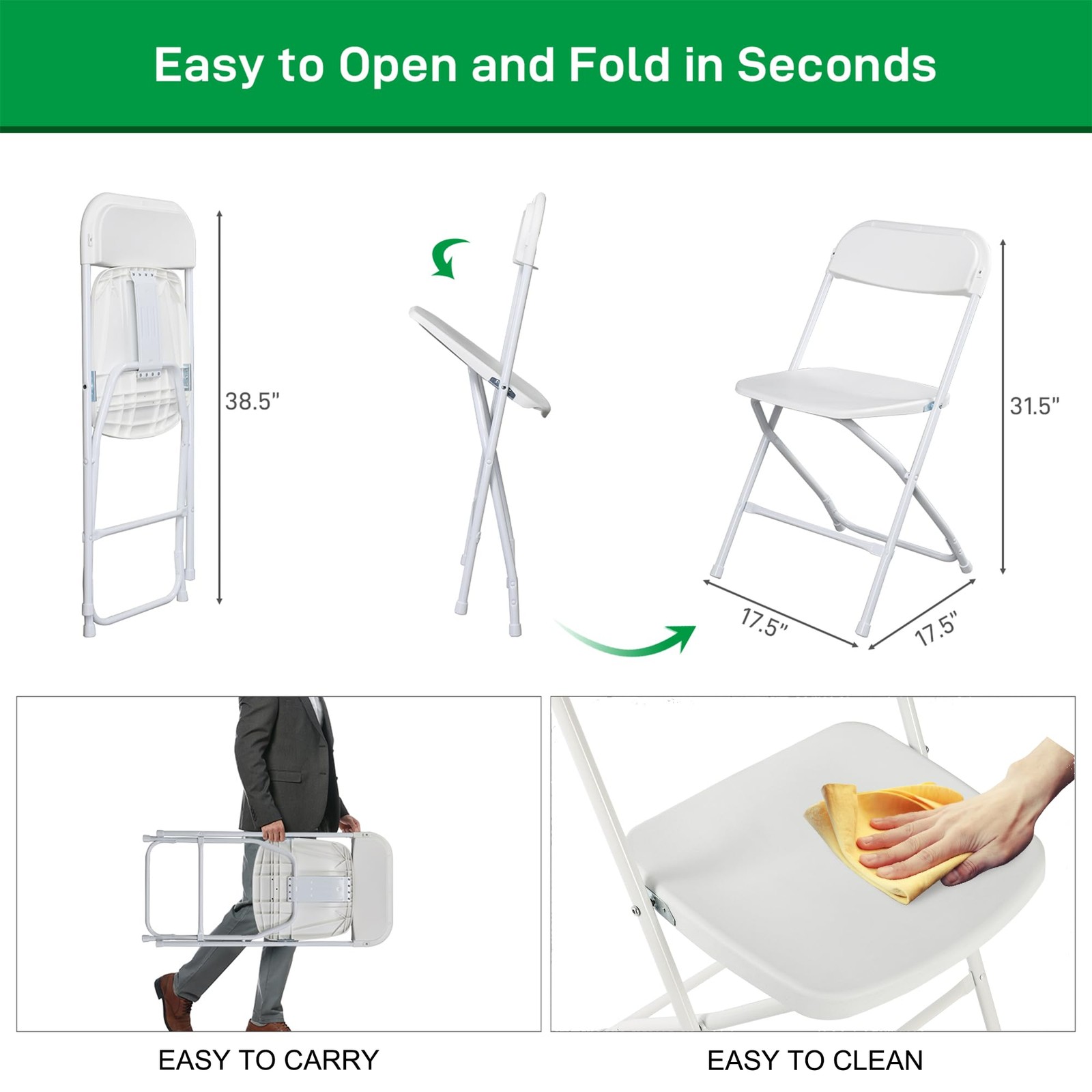 20 White Heavy Duty Plastic Foldable Stackable Chairs Steel Frame Indoor Outdoor