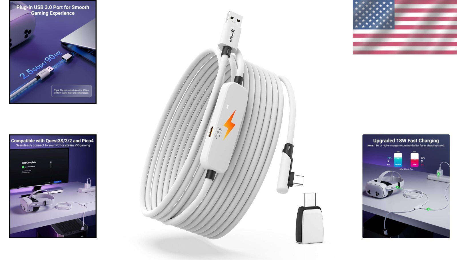 Advanced 20FT Oculus/Meta Quest Charging Cable with USB 3.0 Adapter - 3200 Mbps