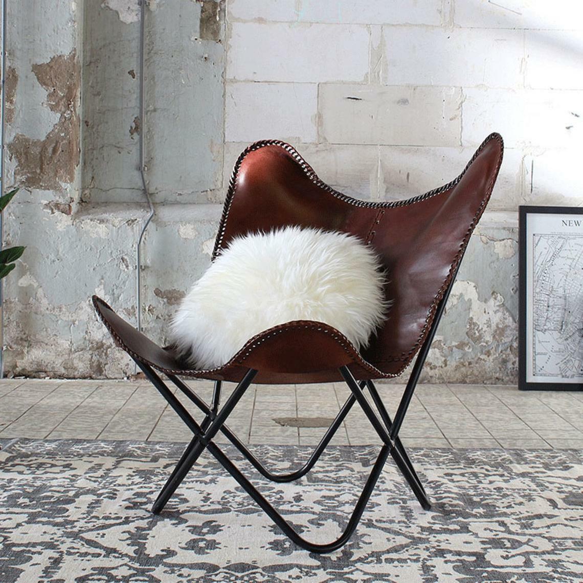 Handmade Vintage Brown Leather Butterfly Chair Home Décor with Foldable Stand