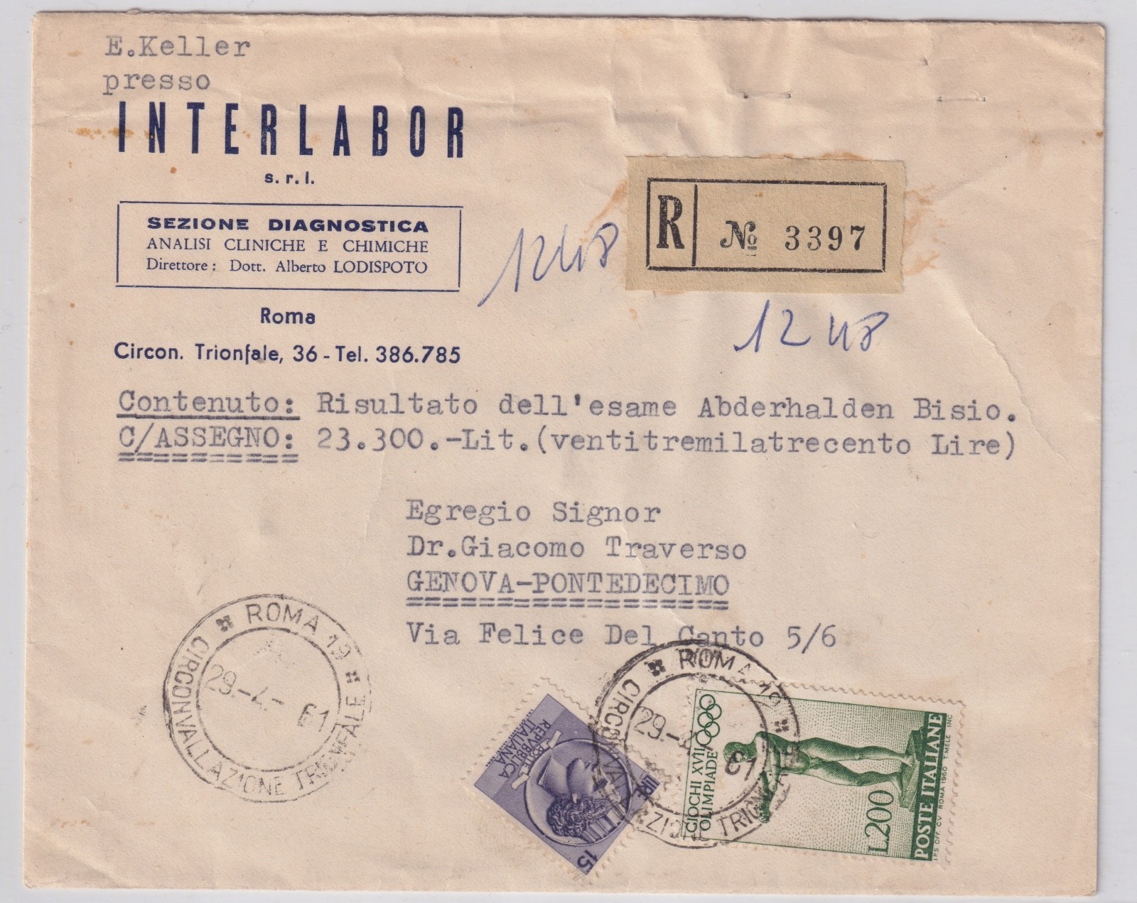 ITALY ENVELOPE WITH FINE POSTAGE