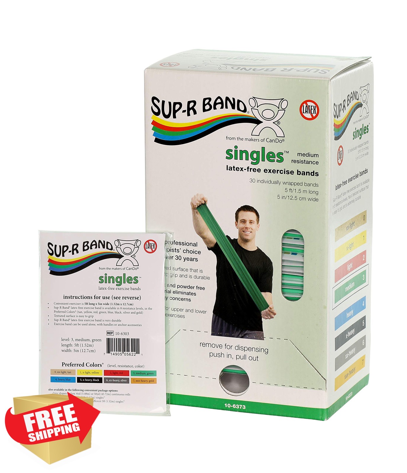 CanDo 10-6373 Sup-R Band, Latex-Free, 5' Singles, 30 Piece Dispenser, Green