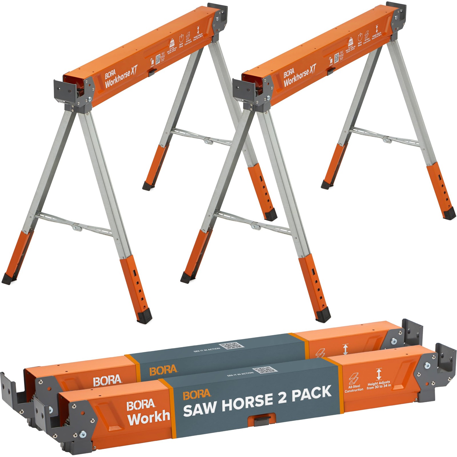 Workhorse XT Adjustable Saw Horses 2 Pack Folding Heavy Duty Sawhorse 2700 lbs