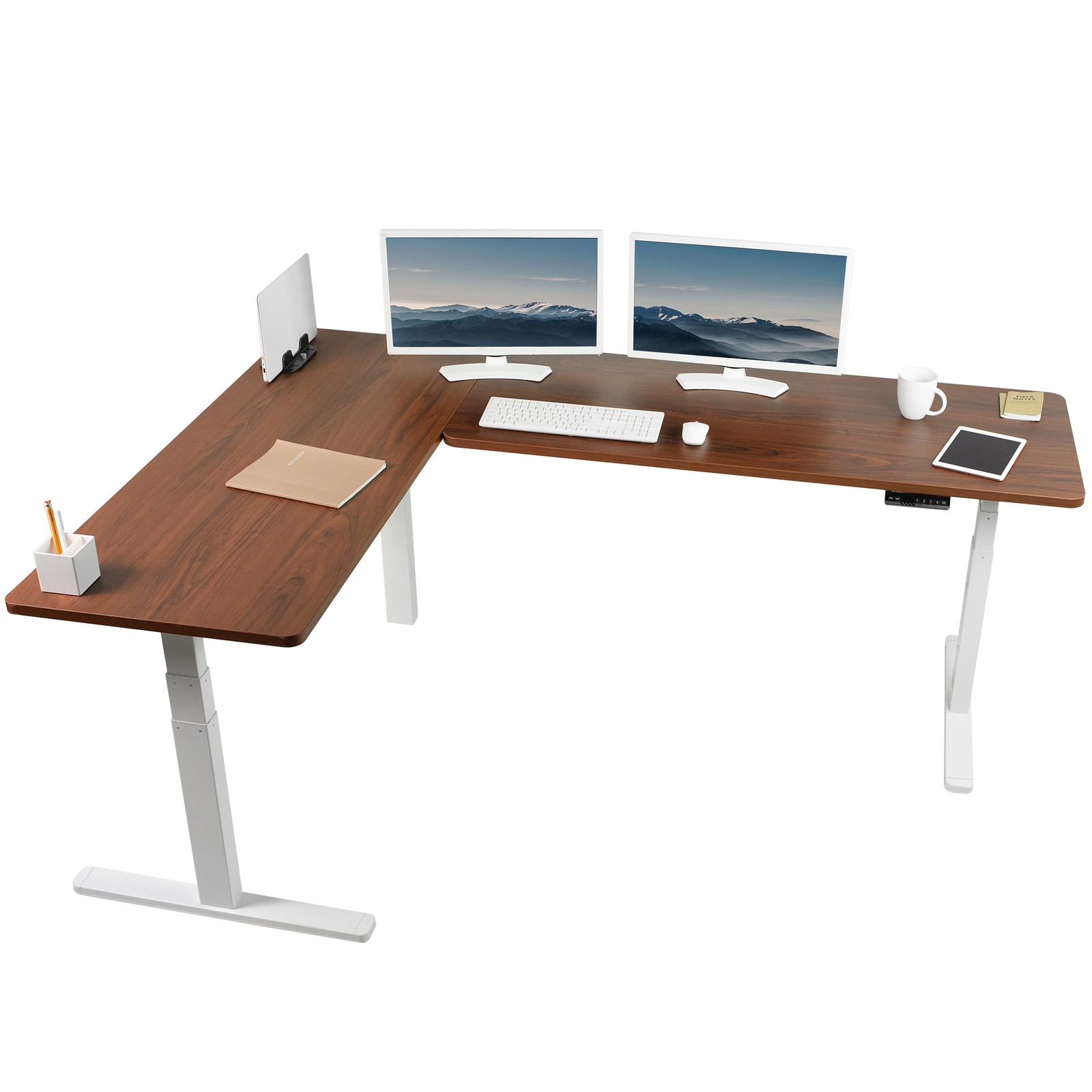 VIVO Electric 83" x 60" Stand Up Corner Desk, Dark Walnut Table Top, White Frame