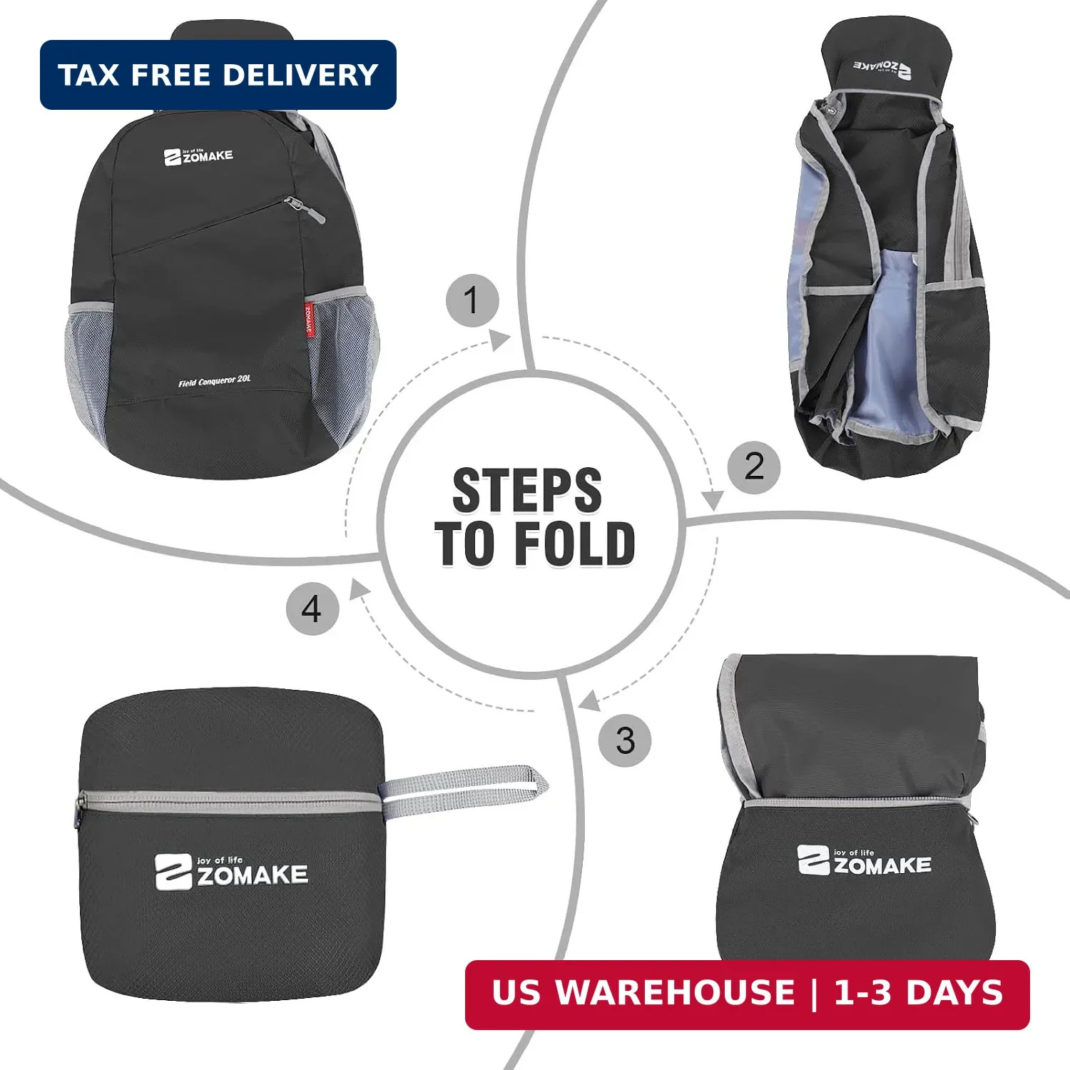 ZOMAKE Lightweight Packable Backpack 20L(Black) | Foldable Backpacks Small Daypa