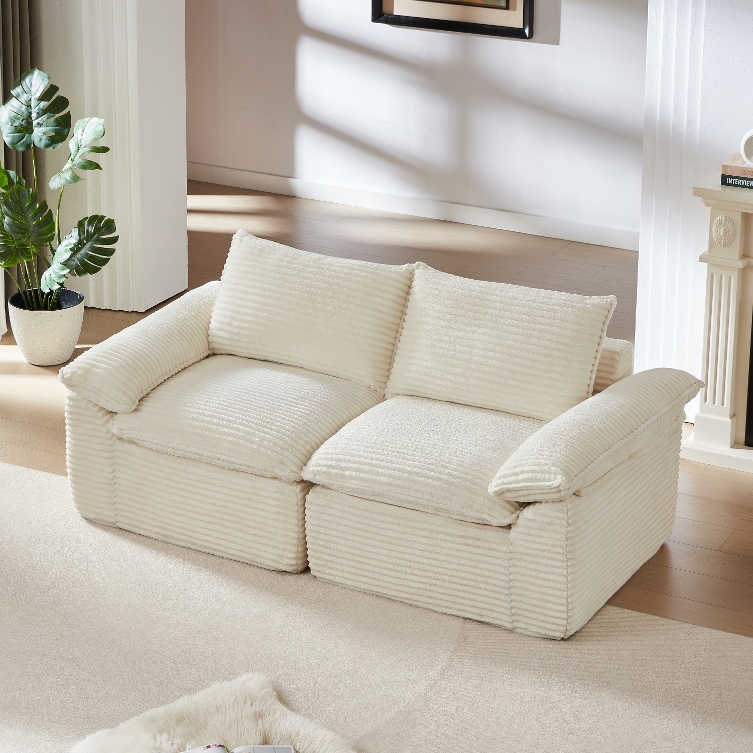 Modular Loveseat for Small Spaces Modern Corduroy 2-Seater Floor Sofa with Arms