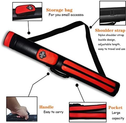 Billiard Cue Carrying Case 2 Load 4 Compartment Adjustable Strap Solid Red