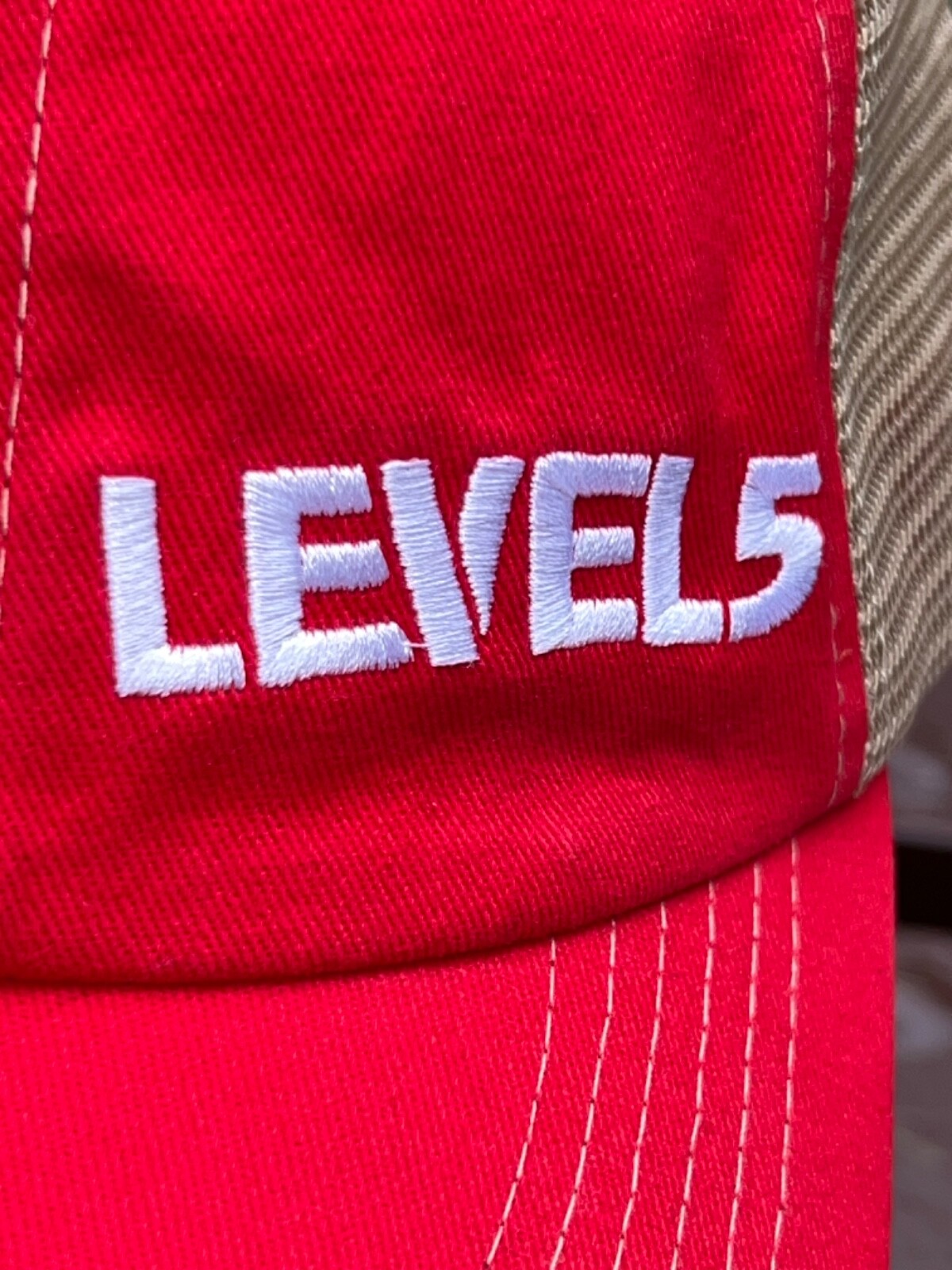 Trucker Hat Level 5 on Red Fabric Tan Mesh Hat Cap Hook Loop VGC