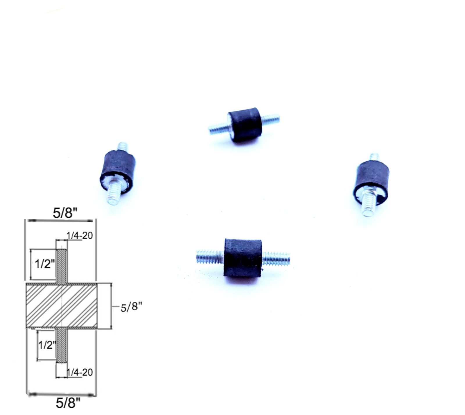 4 Rubber Vibration Isolator Mount (5/8 Dia x 5/8 Thick) 1/4-20 x 1/2 Long Studs
