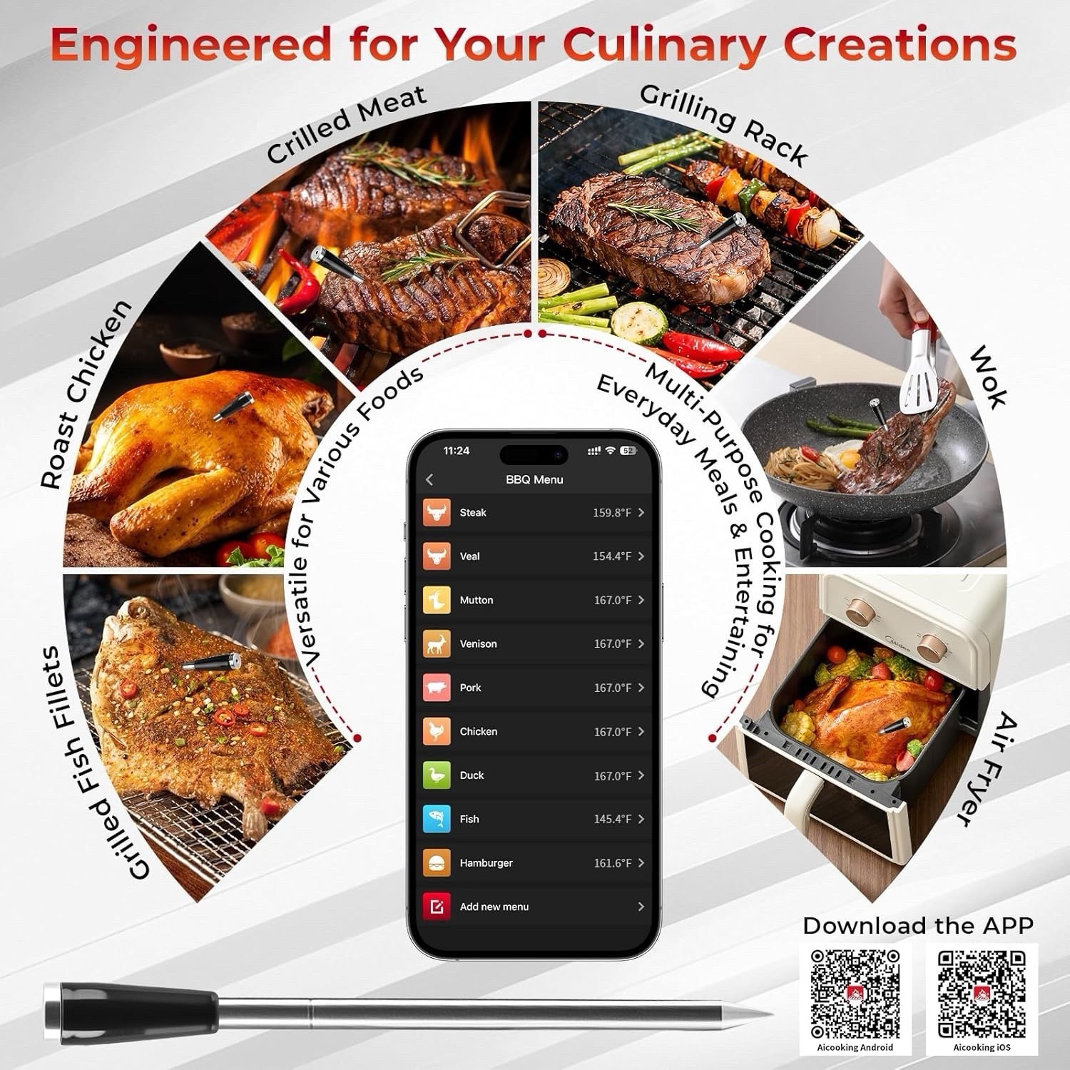 Smart Bluetooth Wireless Meat Thermometer with Probe | Long Range Digital The...