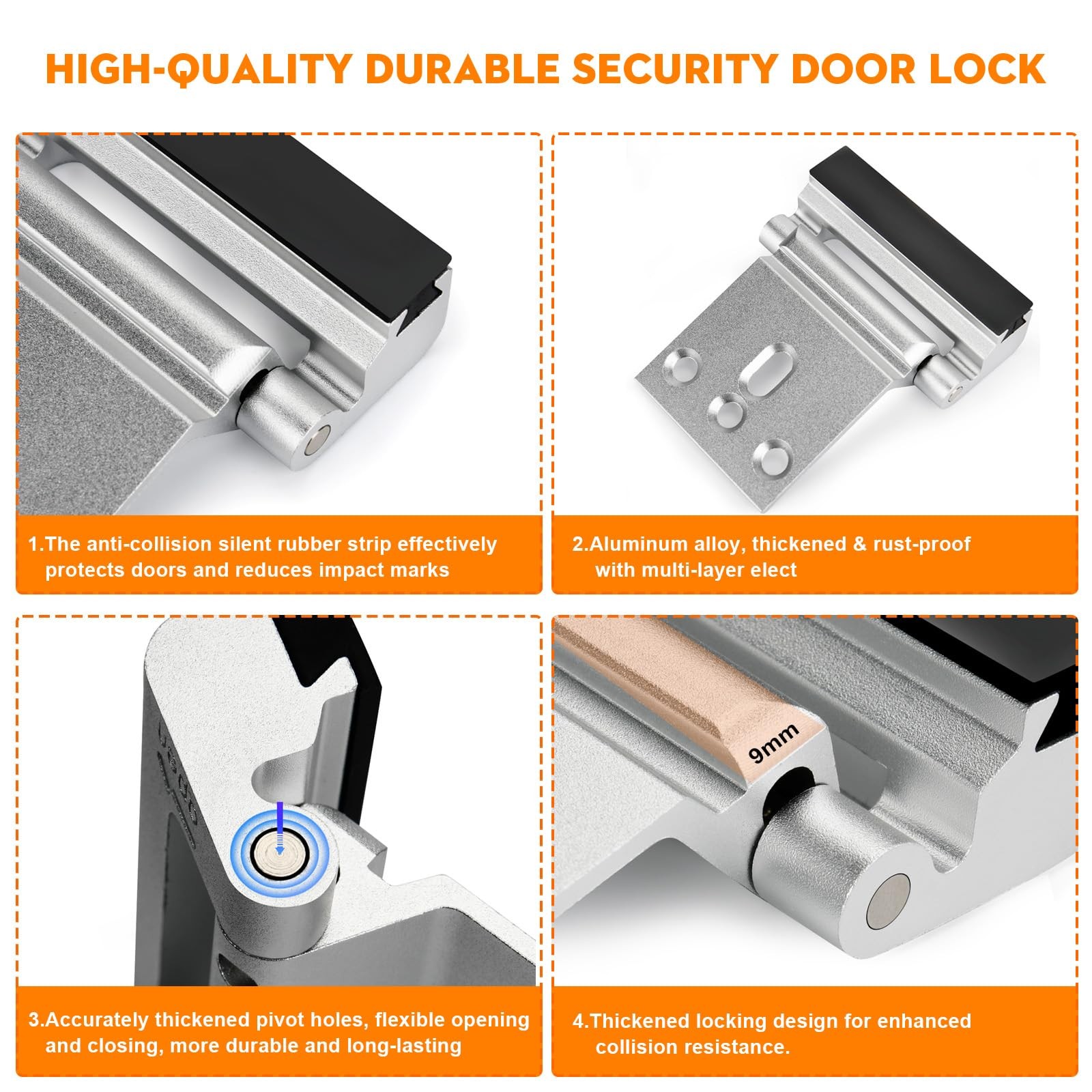 Home Security Door Reinforcement Lock, Upgraded Front 2 Pack, Silver