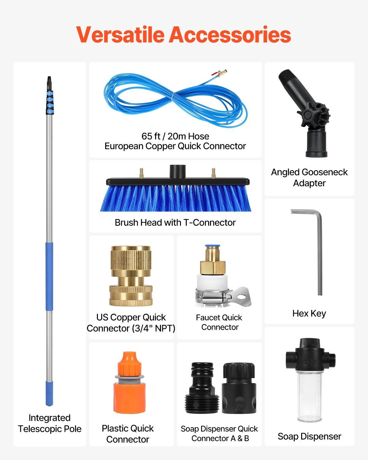 30ft Ergonomic Water Fed Pole Kit, 180° Rotatable Brush, 65.6ft Hose