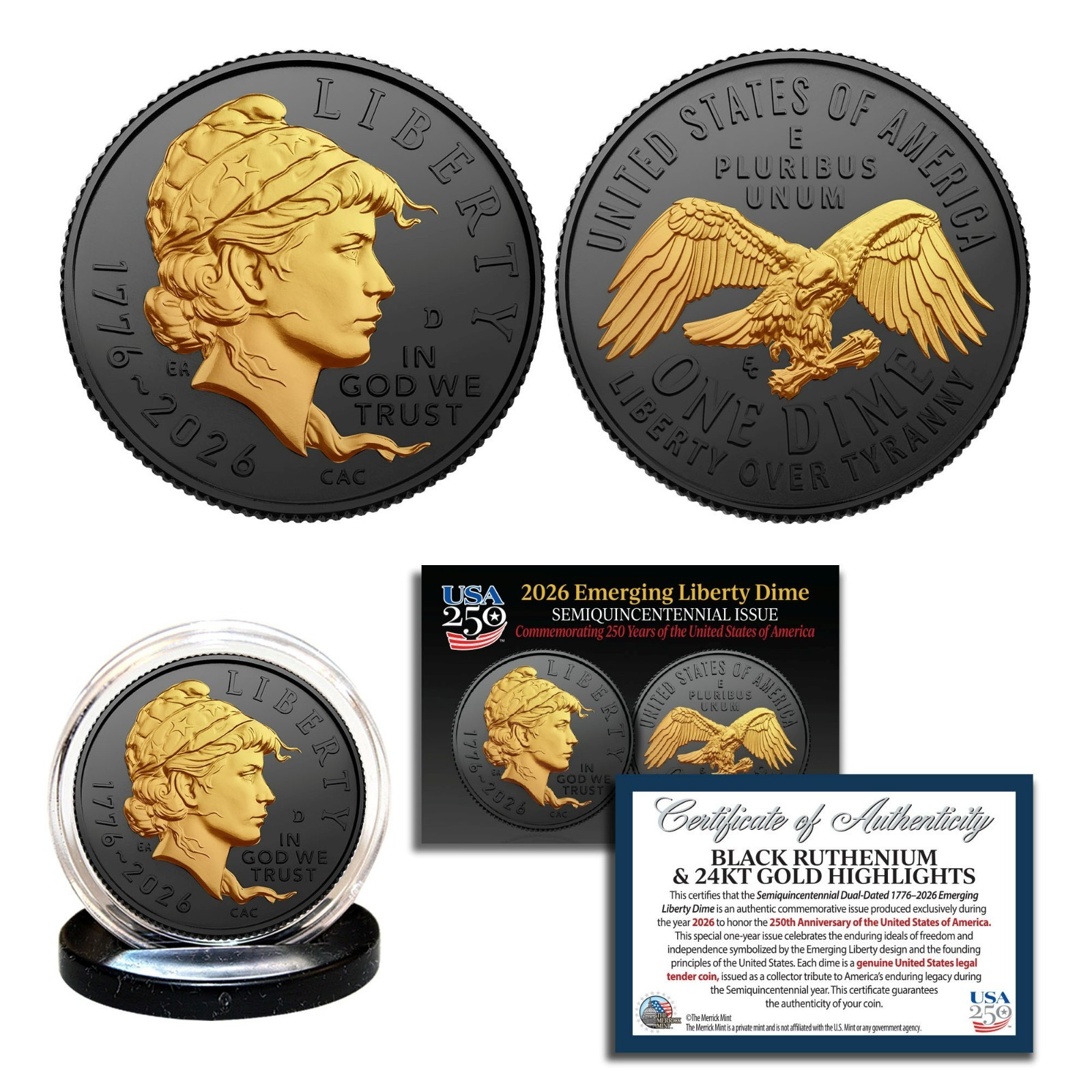 2026-D Emerging Liberty Dime BU Coin America 250 BLACK RUTHENIUM & 24K GOLD