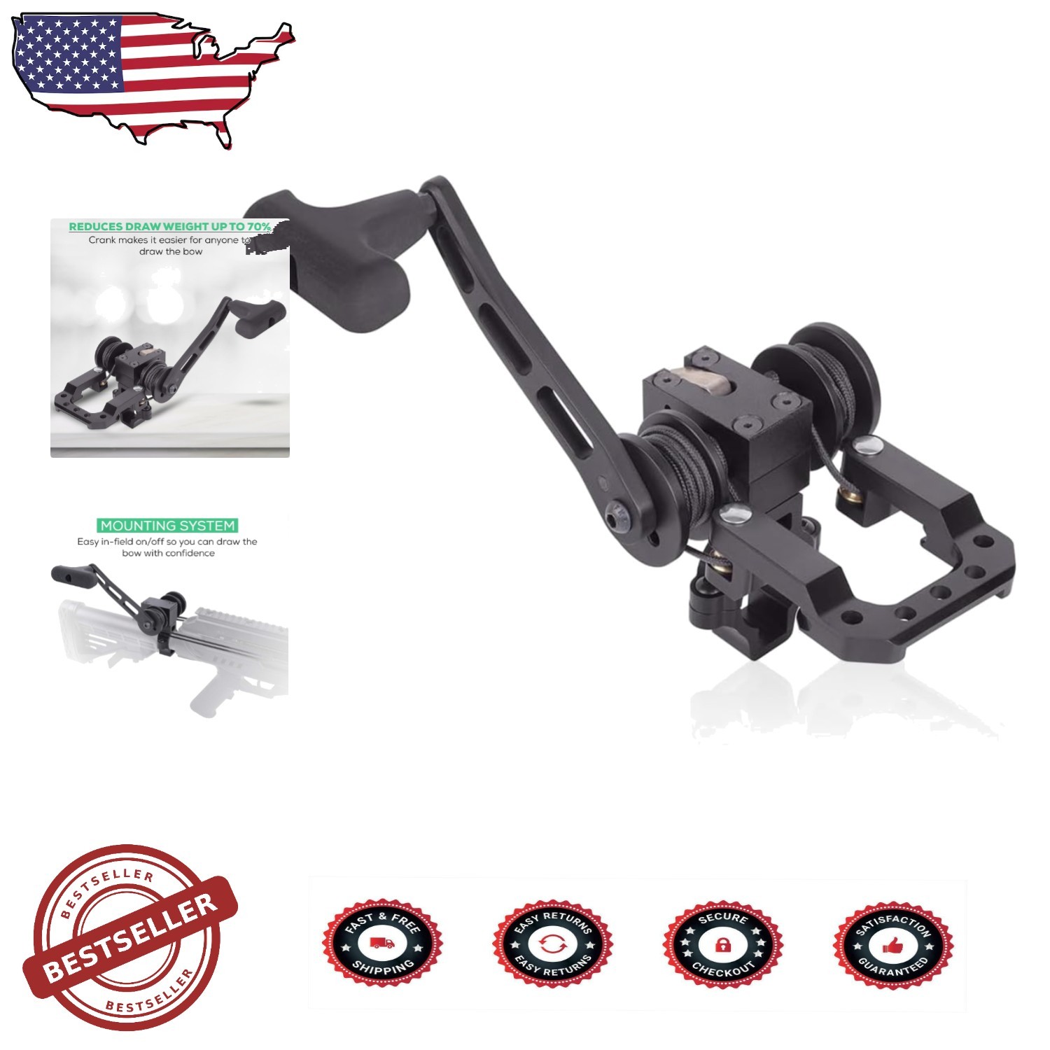 Black Archery Crossbow Cocking Device - Ambidextrous, 70% Draw Reduction