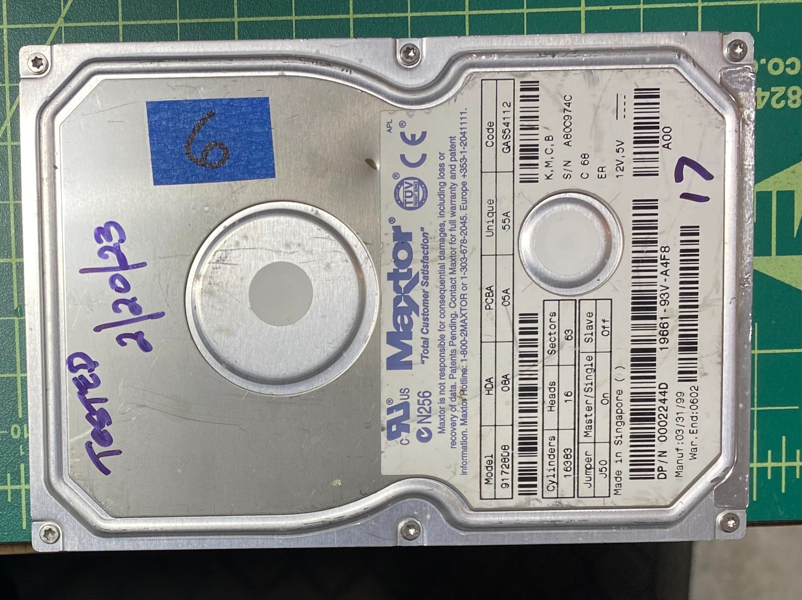 MAXTOR 91728D8 08A 17GB 3.5" IDE HDD, DP/N 0002244D. Tested