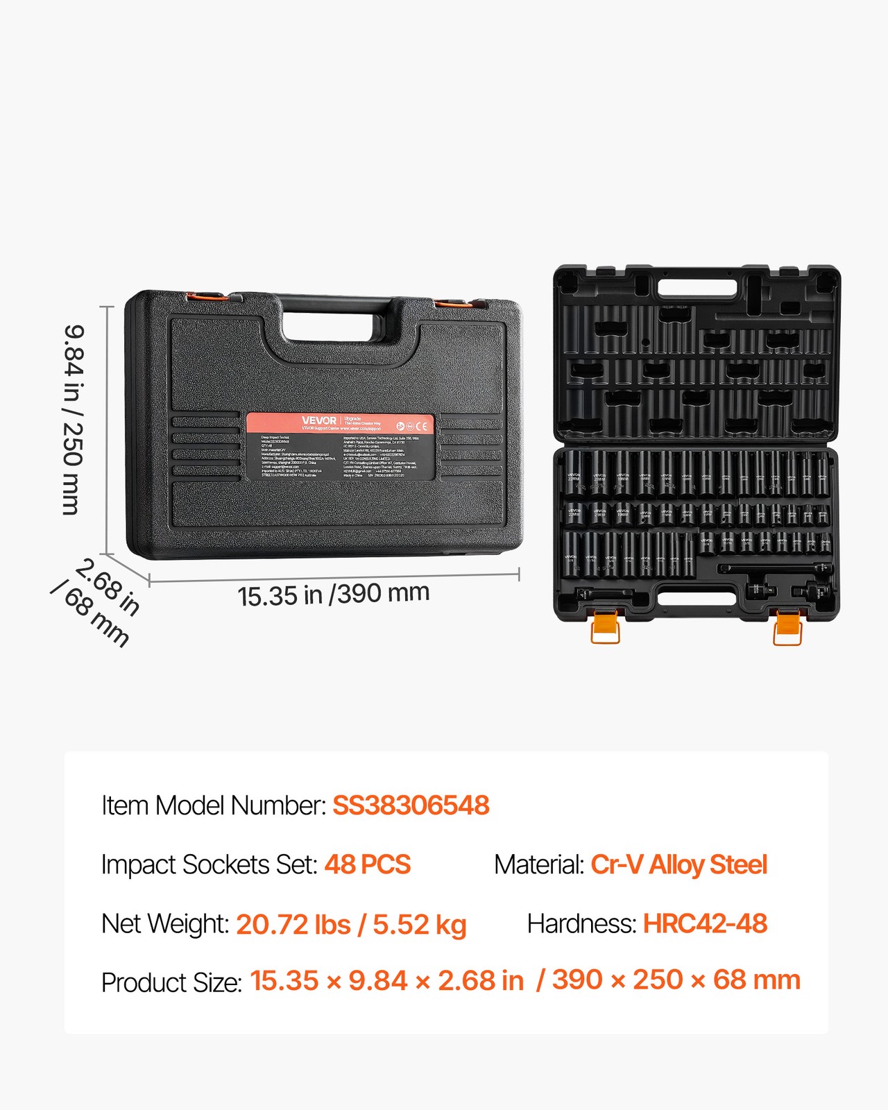 VEVOR Impact Socket Set 3/8" Drive 48-Piece Socket Set 6-Point with Storage Case