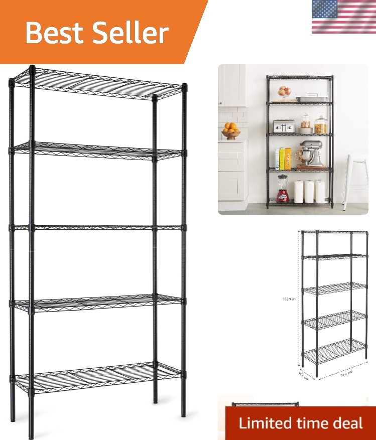 Durable Adjustable 5-Shelf Steel Wire Storage Organizer - Black Finish, 1750 lbs