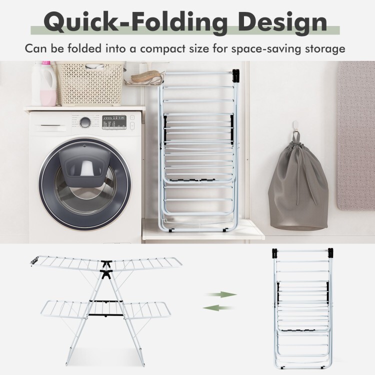 Costway Foldable 2-Level Steel Clothes Drying Rack w/ Height-Adjustable Gullwing