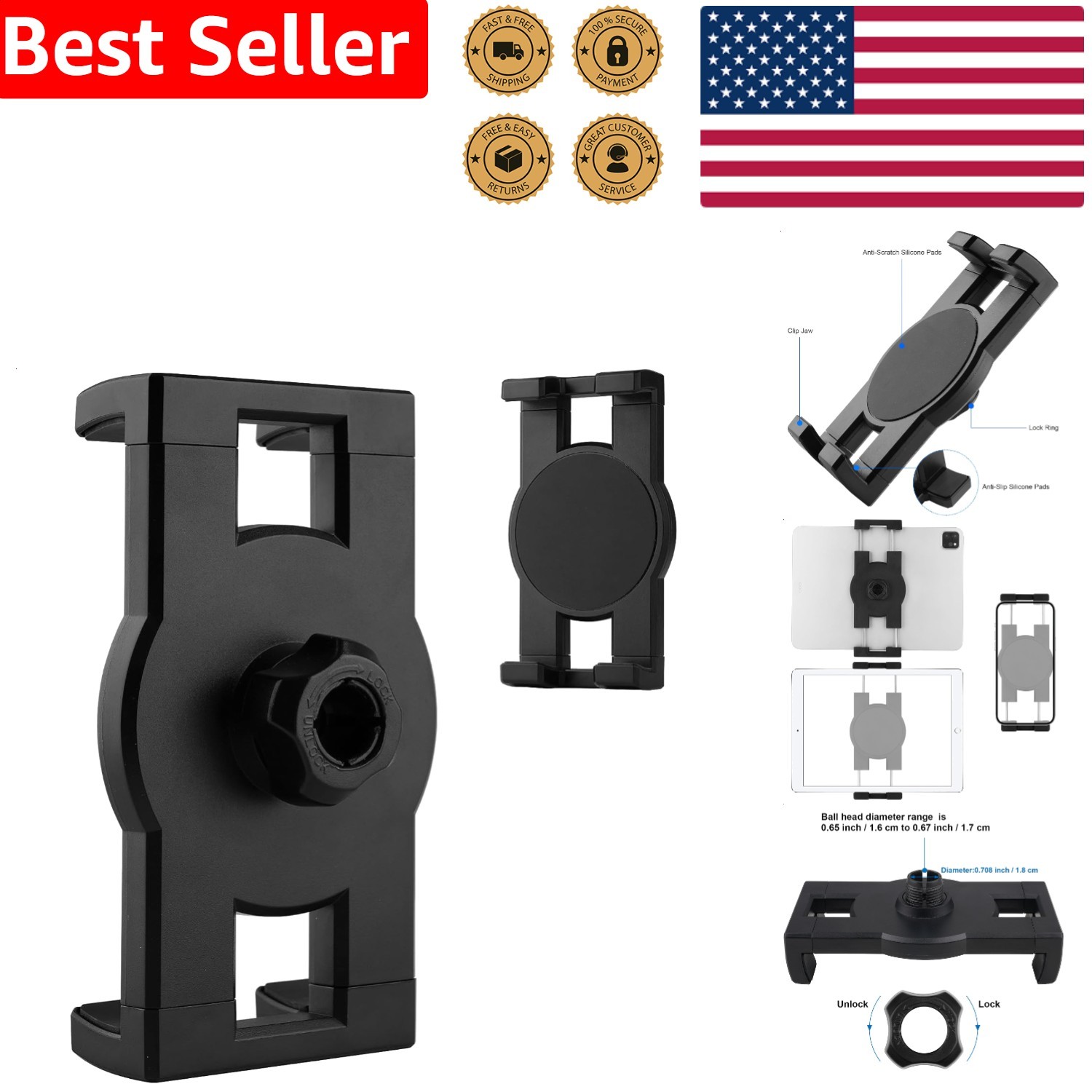 Tablet Grip Secure Mount 17mm Ball Joint for iPad iPhone Nexus Vehicle Durable
