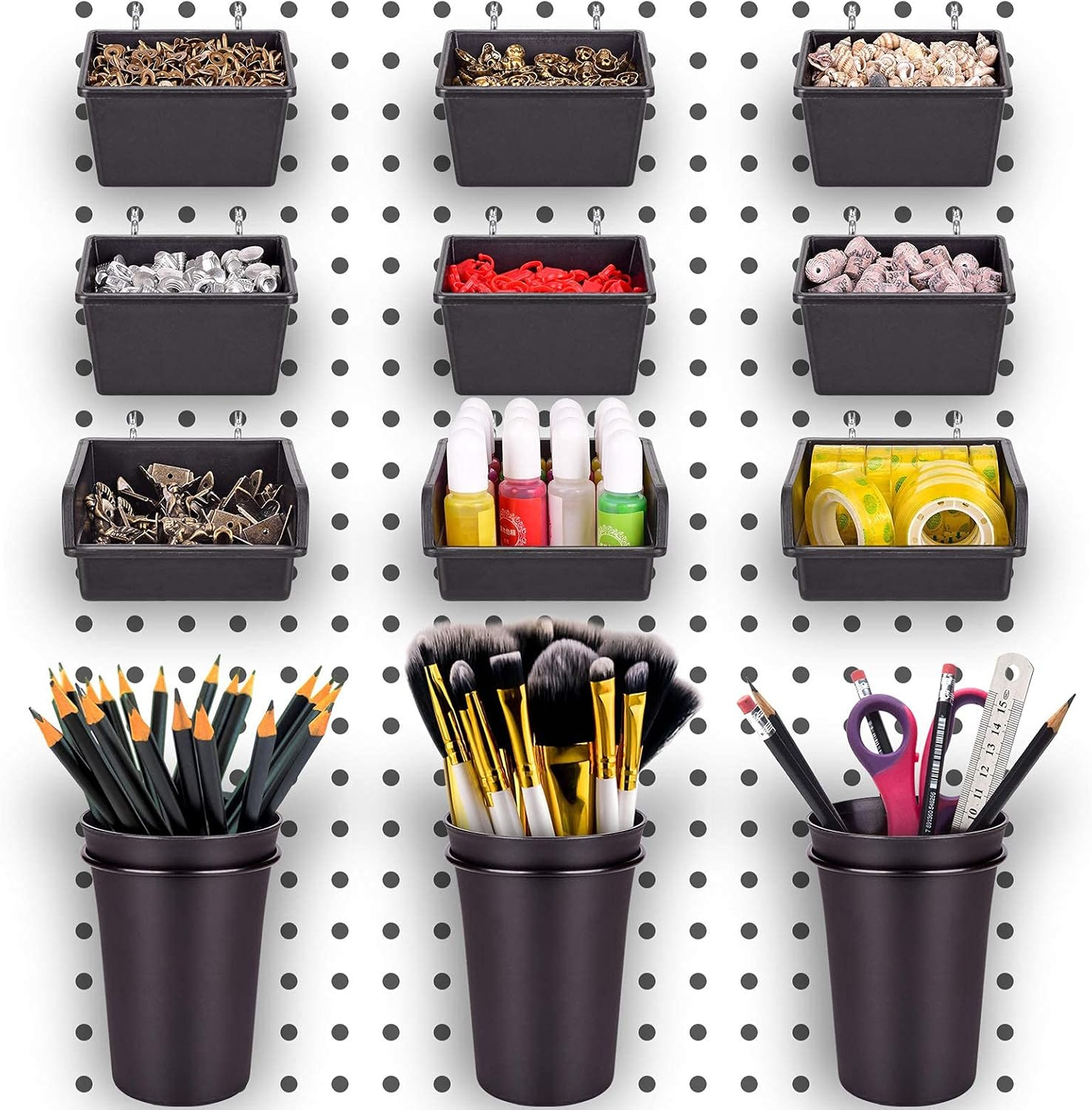 12 Pack Pegboard Bins Pegboard Cups with Hooks & Loops, Peg Board Hooks Assortme