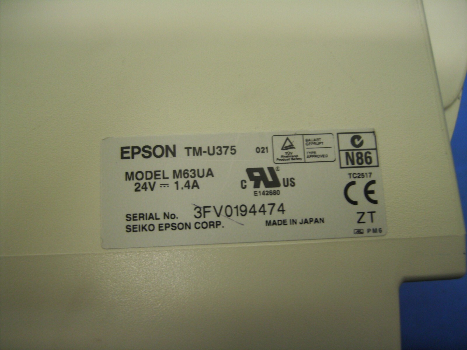 Epson TMU-375 bank receipt validation printer M63UA-serial interface Refurbished