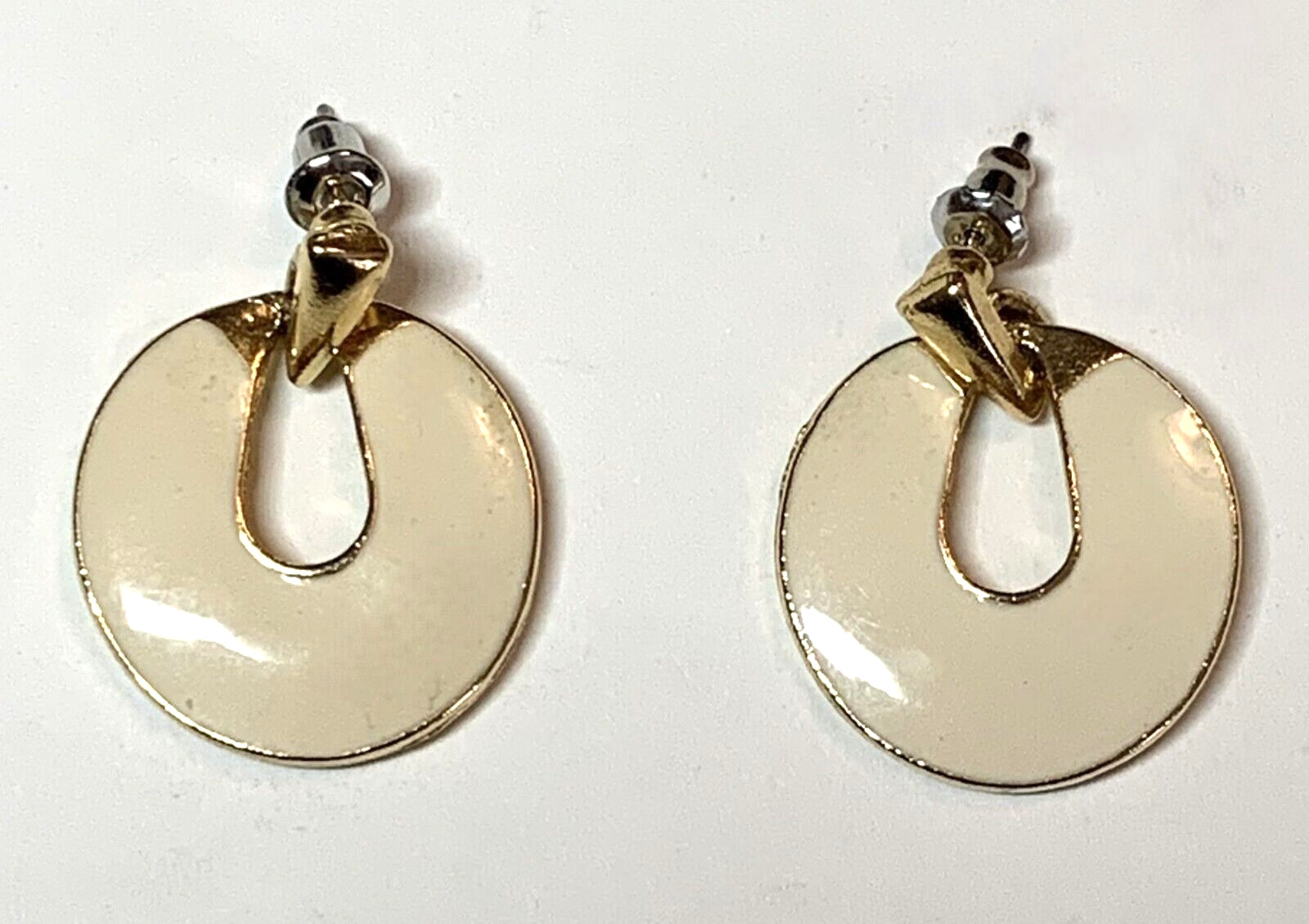 Vintage Cream Enamel Earrings Pierced Gold Tone Swing Dangle Marked Made In USA
